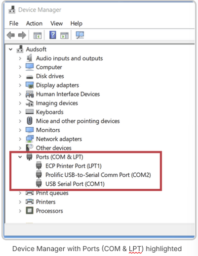 Device Manager with Ports (COM & LPT) highlighted